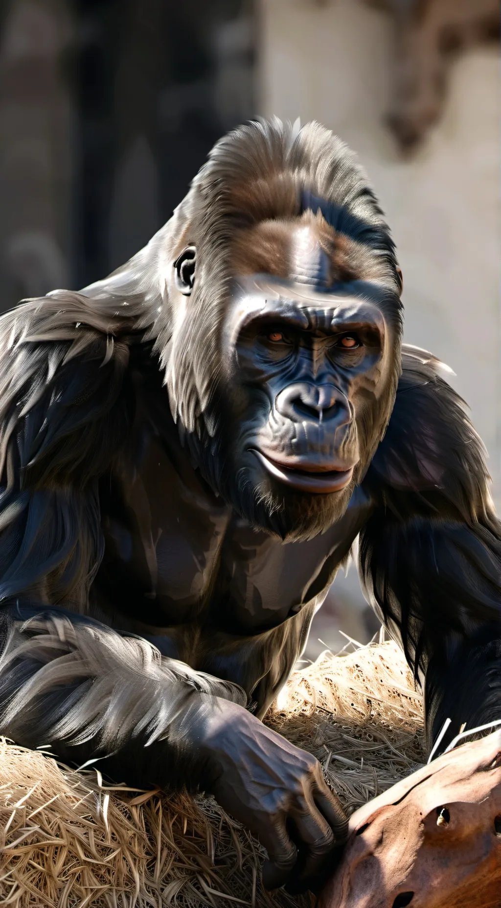 ai character: Gorilla at the zoo background