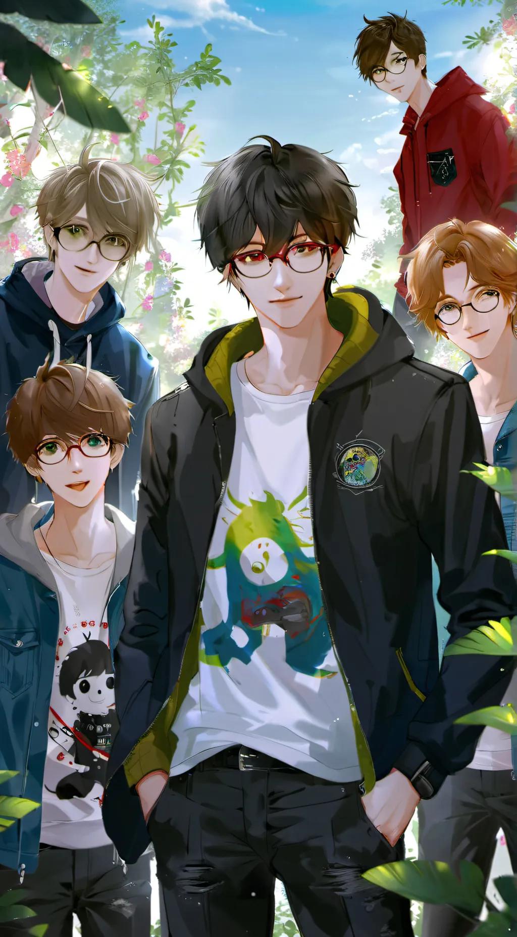 ai character: 5 Boys at school background
