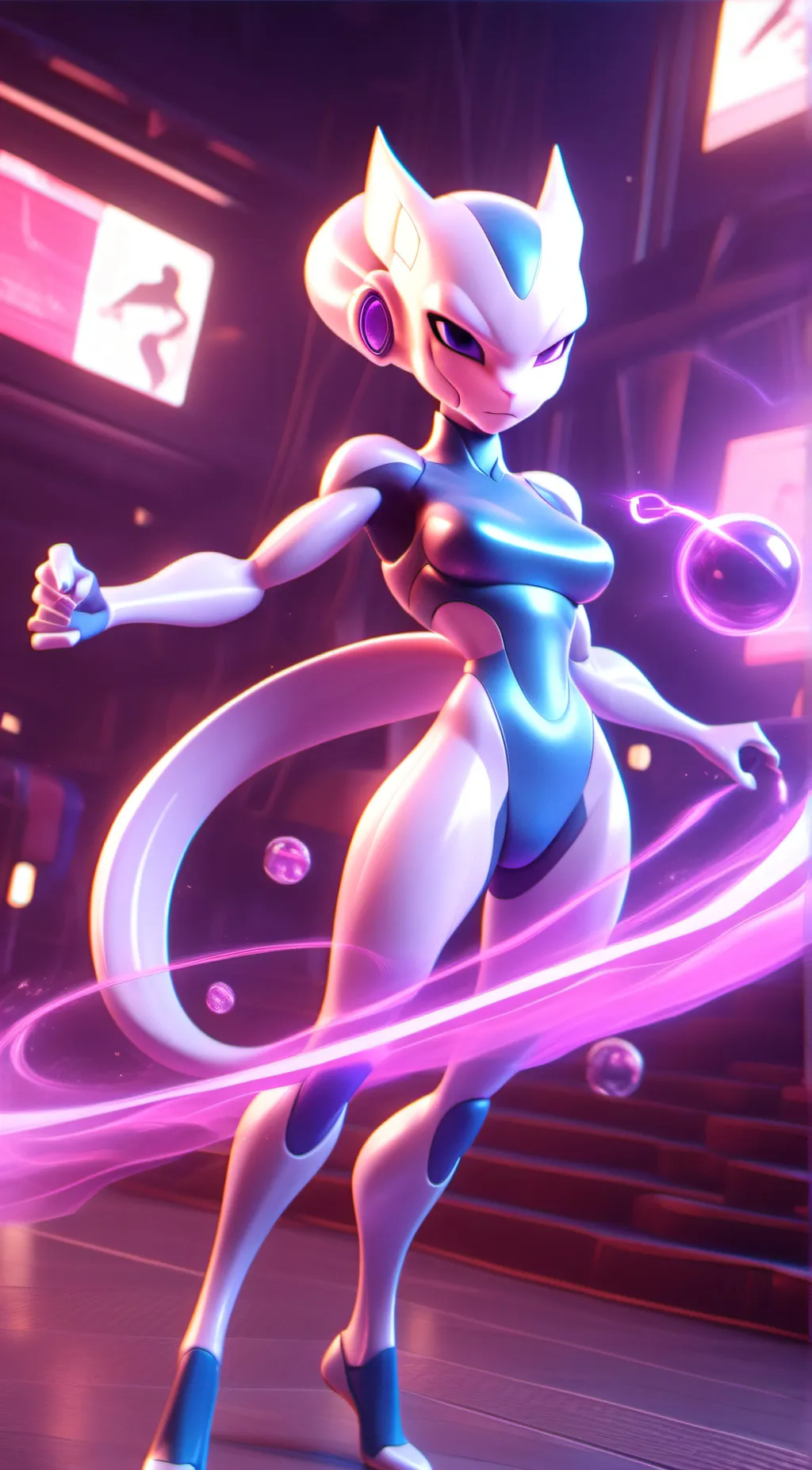 ai character: (female) Mewtwo  background