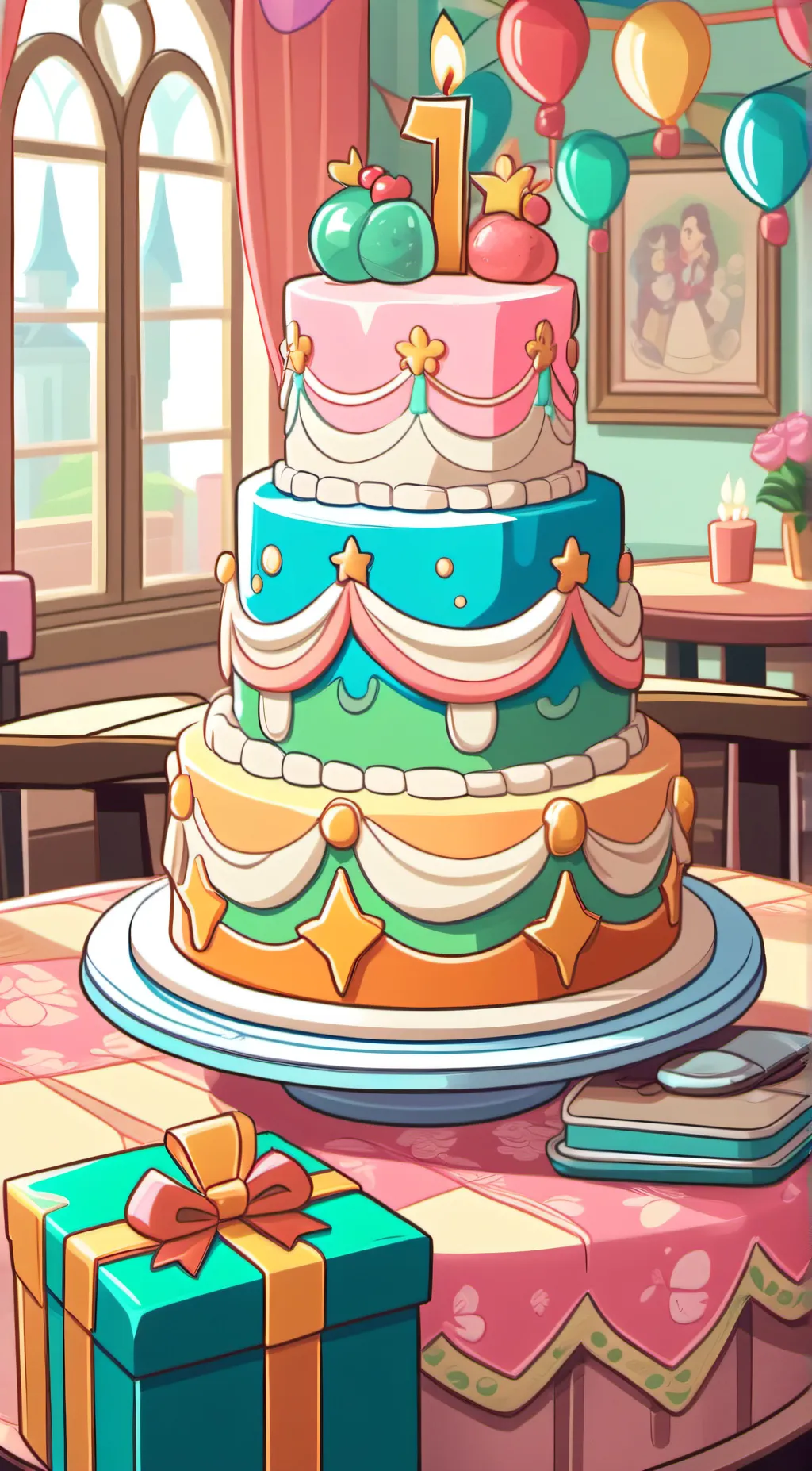 ai character: birthday cake background