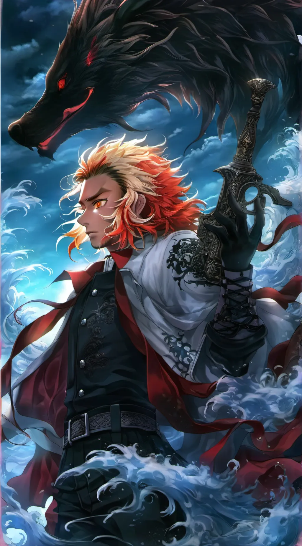 ai character: Rengoku and wolf background