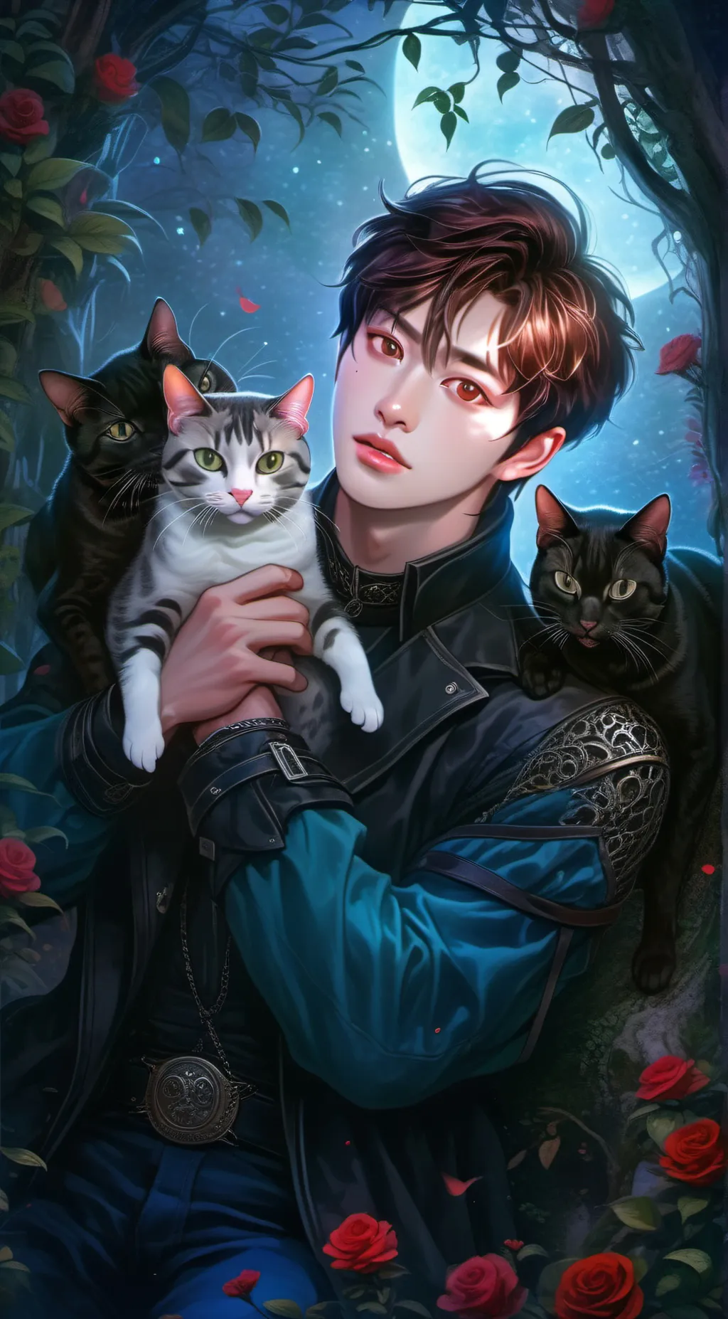 ai character: Lee know and cats👍 background