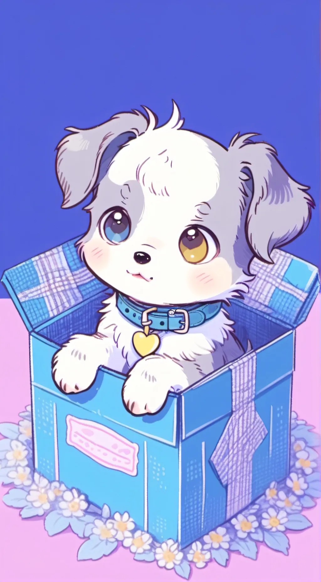 ai character: Puppy in box. background