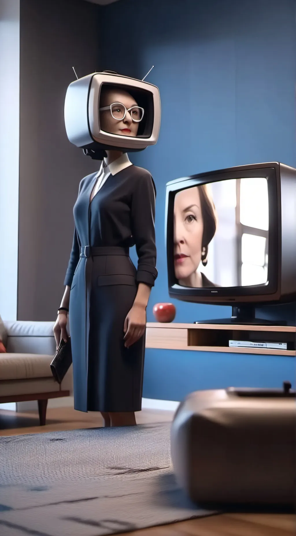 ai character: TV Woman  background