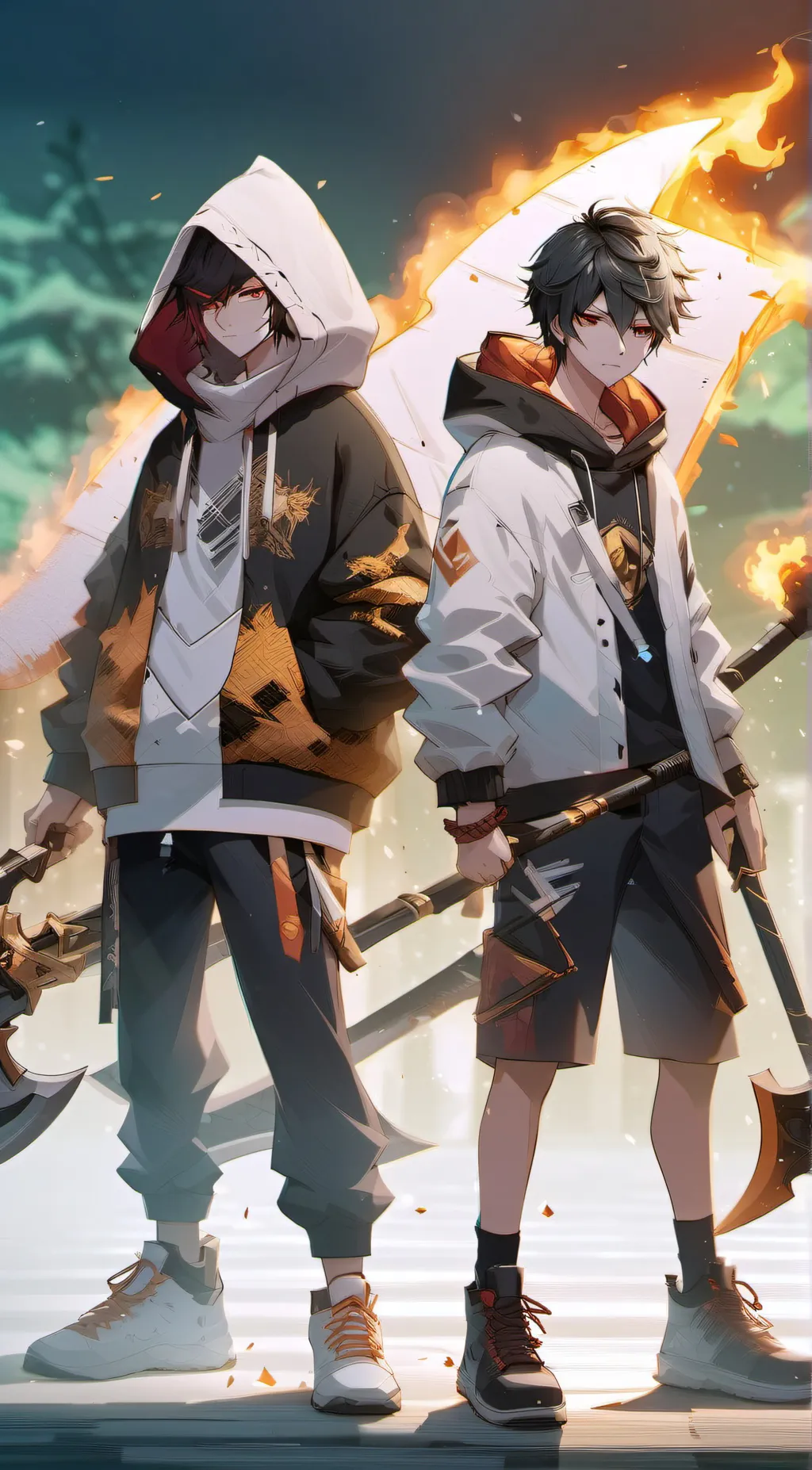 ai character: glitch and fire background