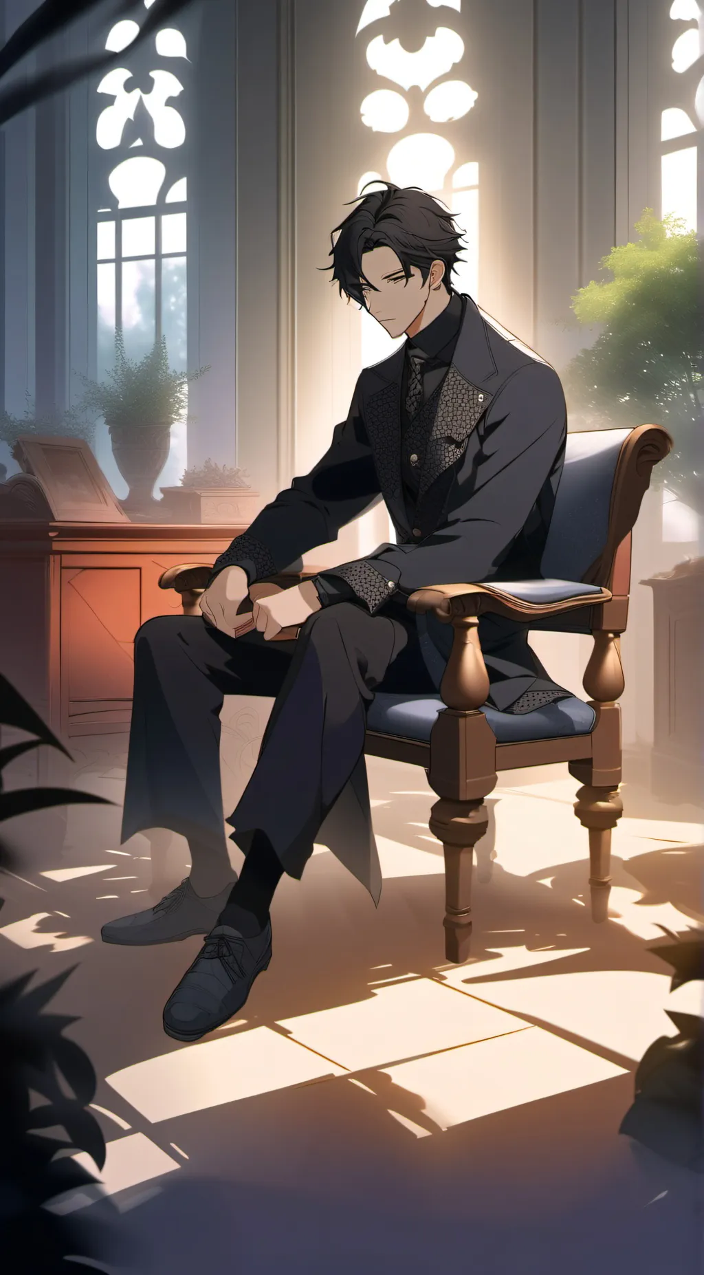 ai character: A man on a chair background