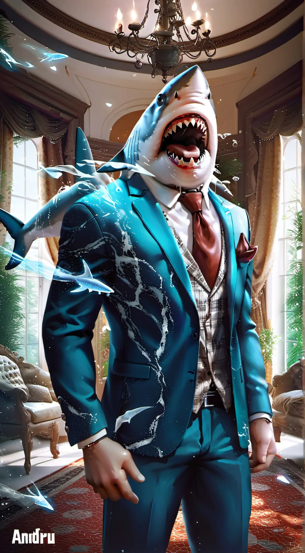 ai character: shark in a suit background