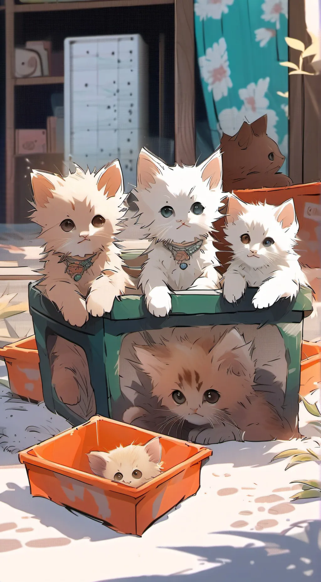 ai character: Mama cat,kittens  background