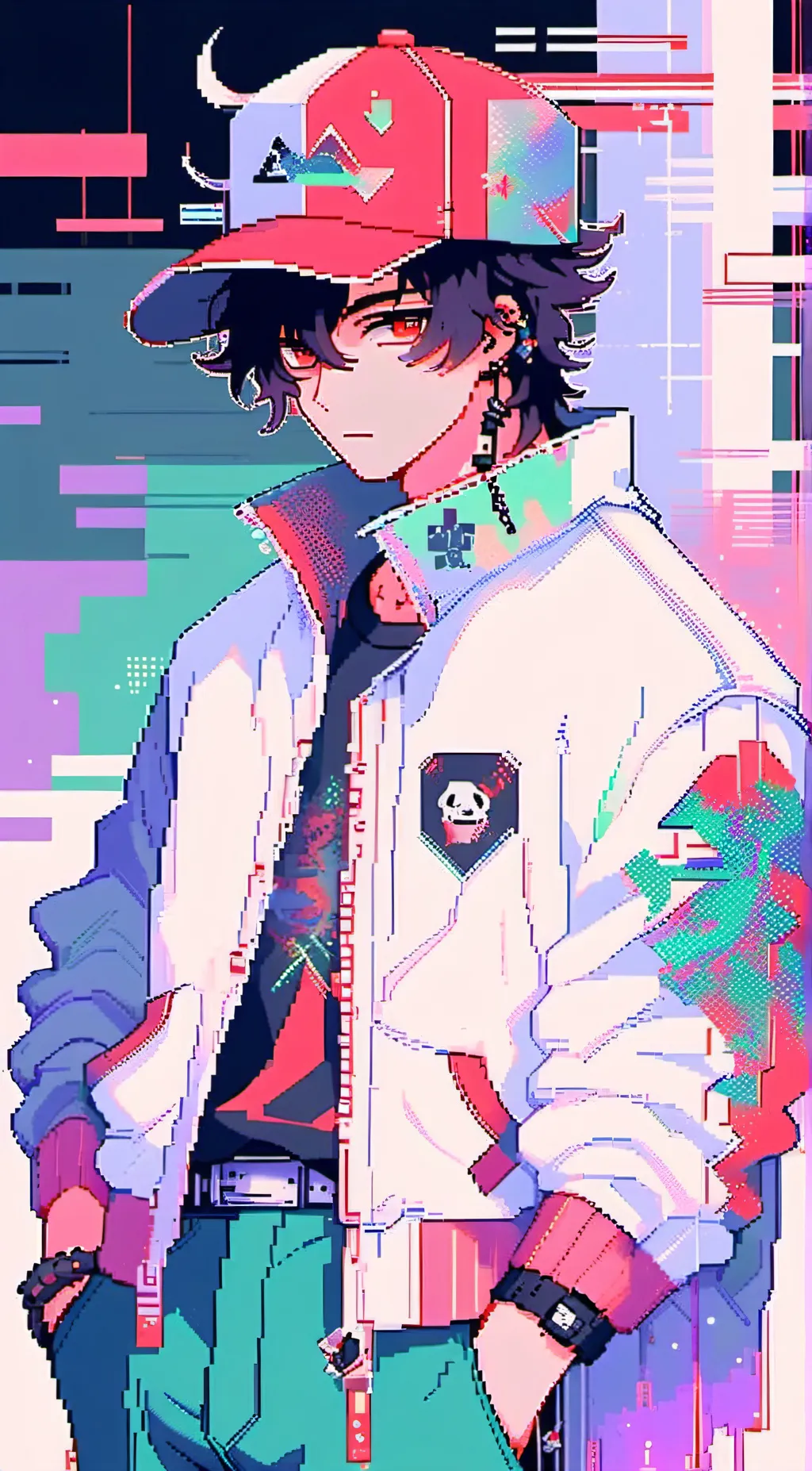 ai character: glitchy red background