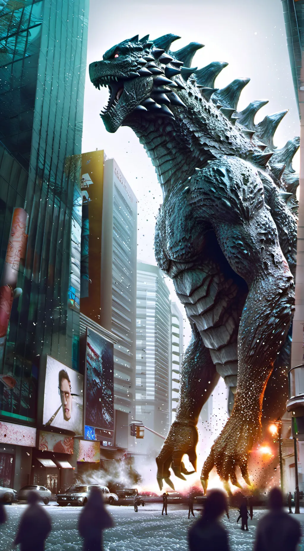 ai character: female Godzilla  background