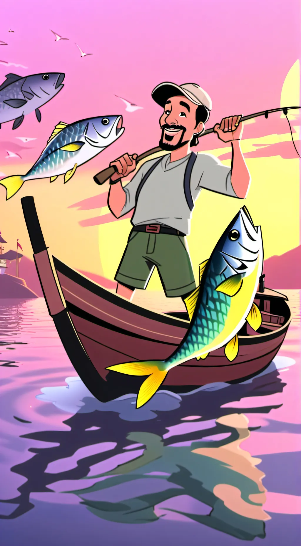 ai character: Fish rain background