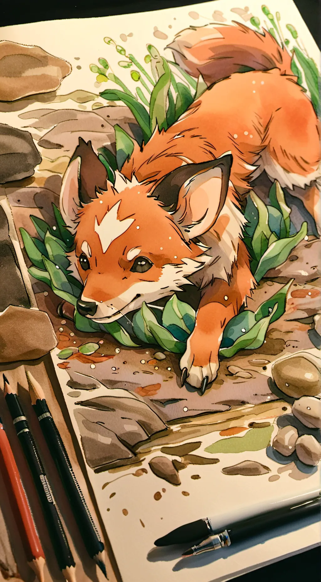 ai character: Baby fox.  background