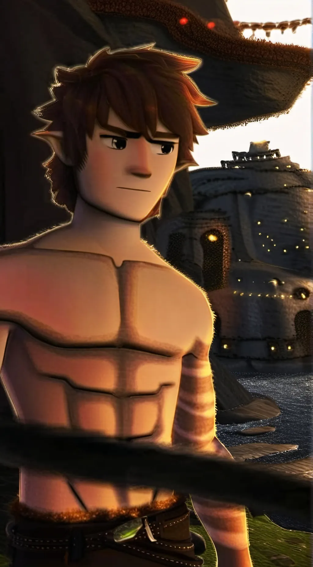 ai character: shirtless Hiccup  background