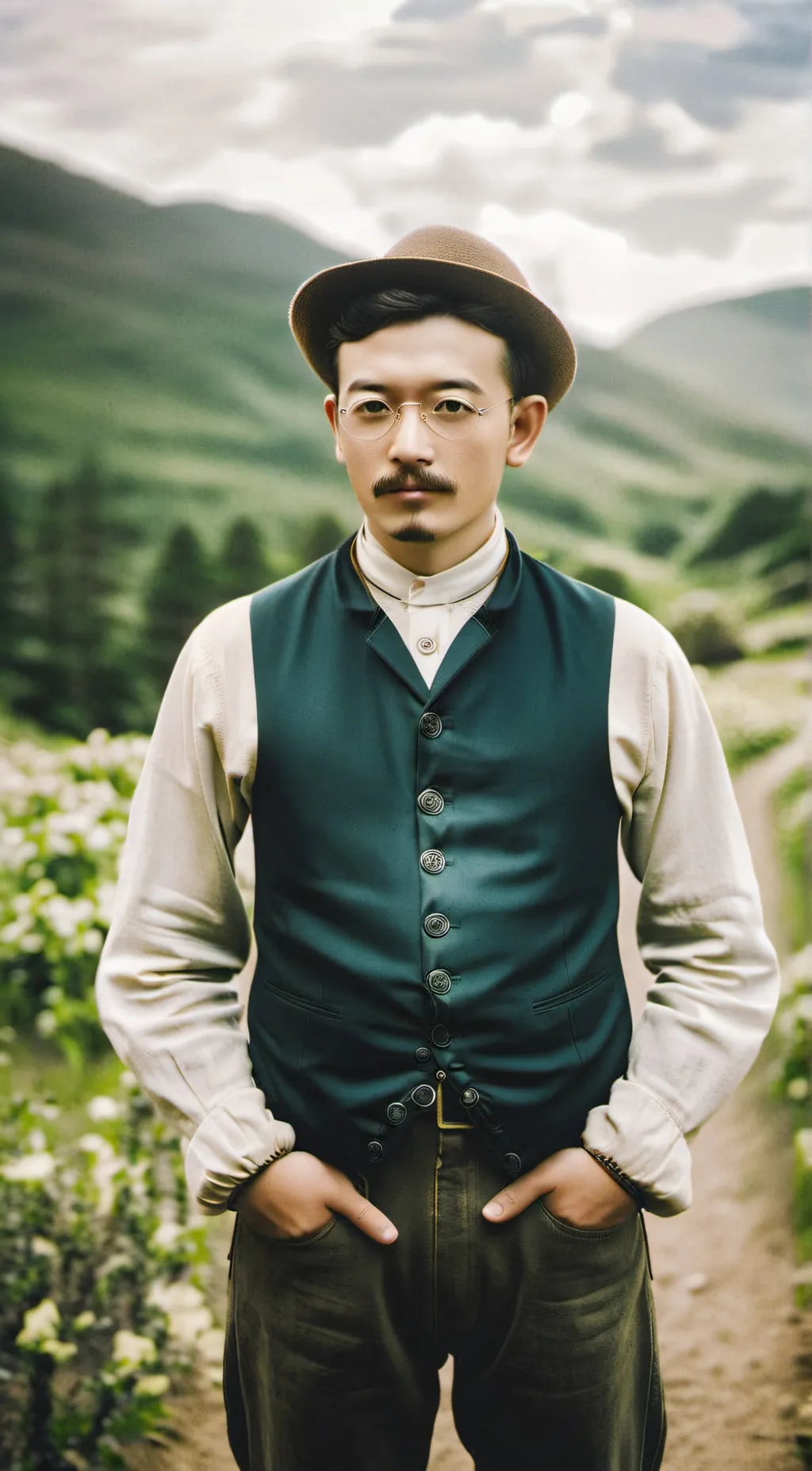 ai character: 1879s asia man, background