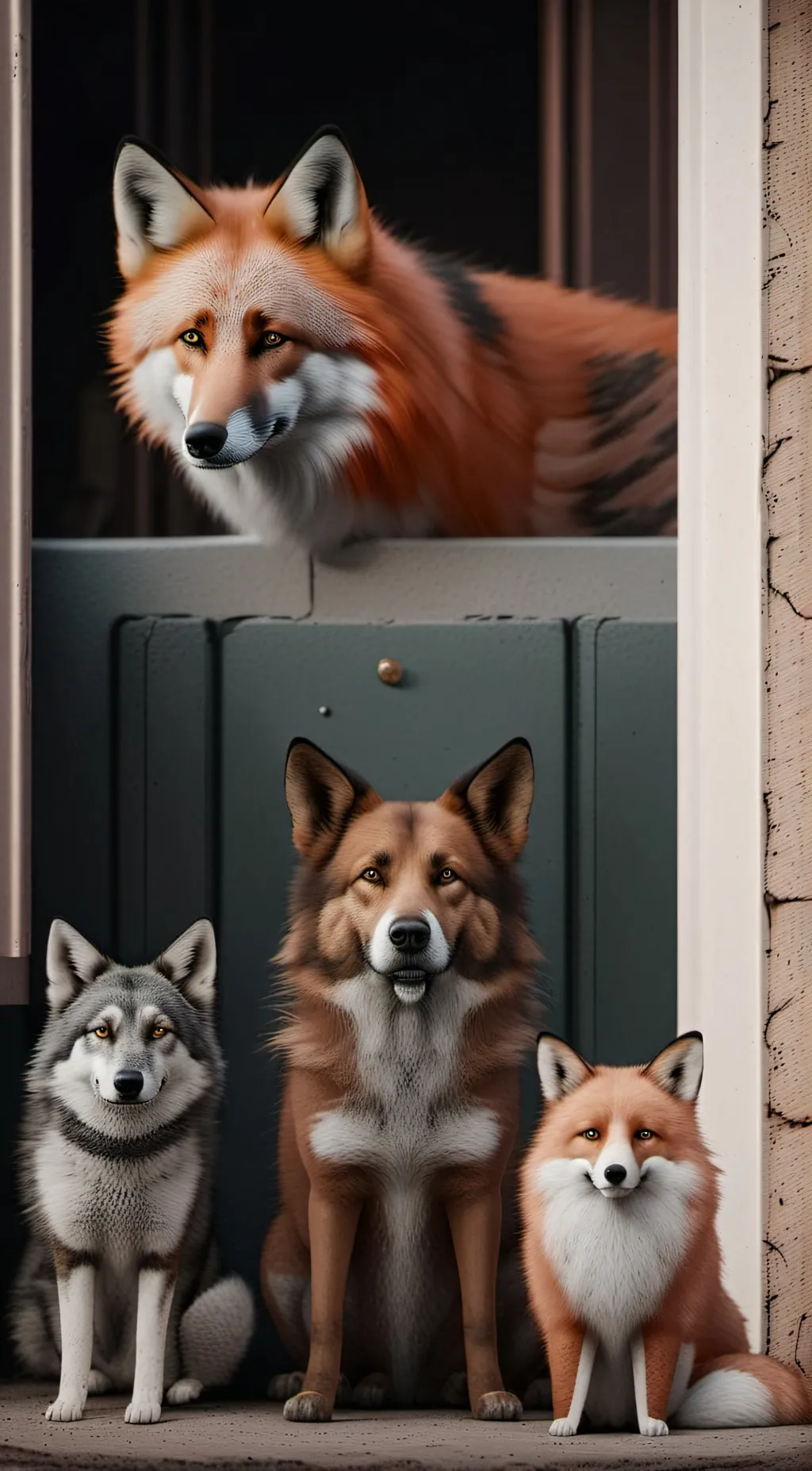 ai character: Cat, Dog,and a Fox background