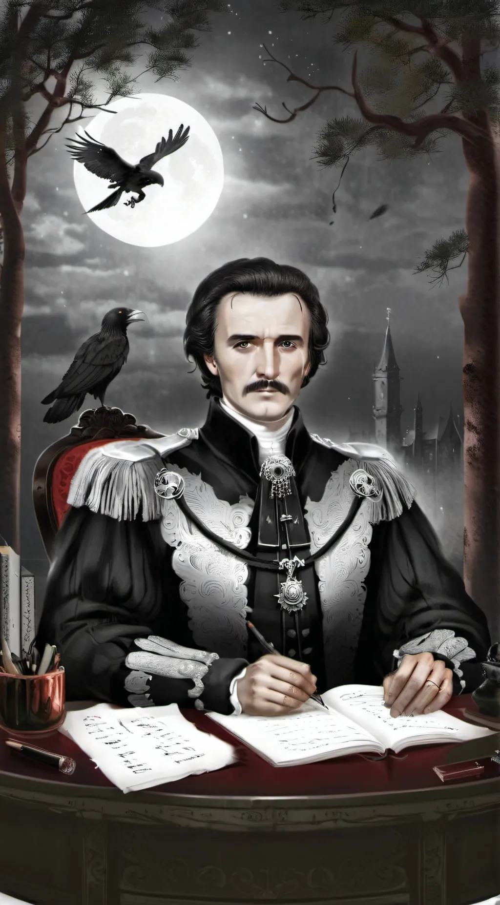 ai character: Edgar Allan Poe  background