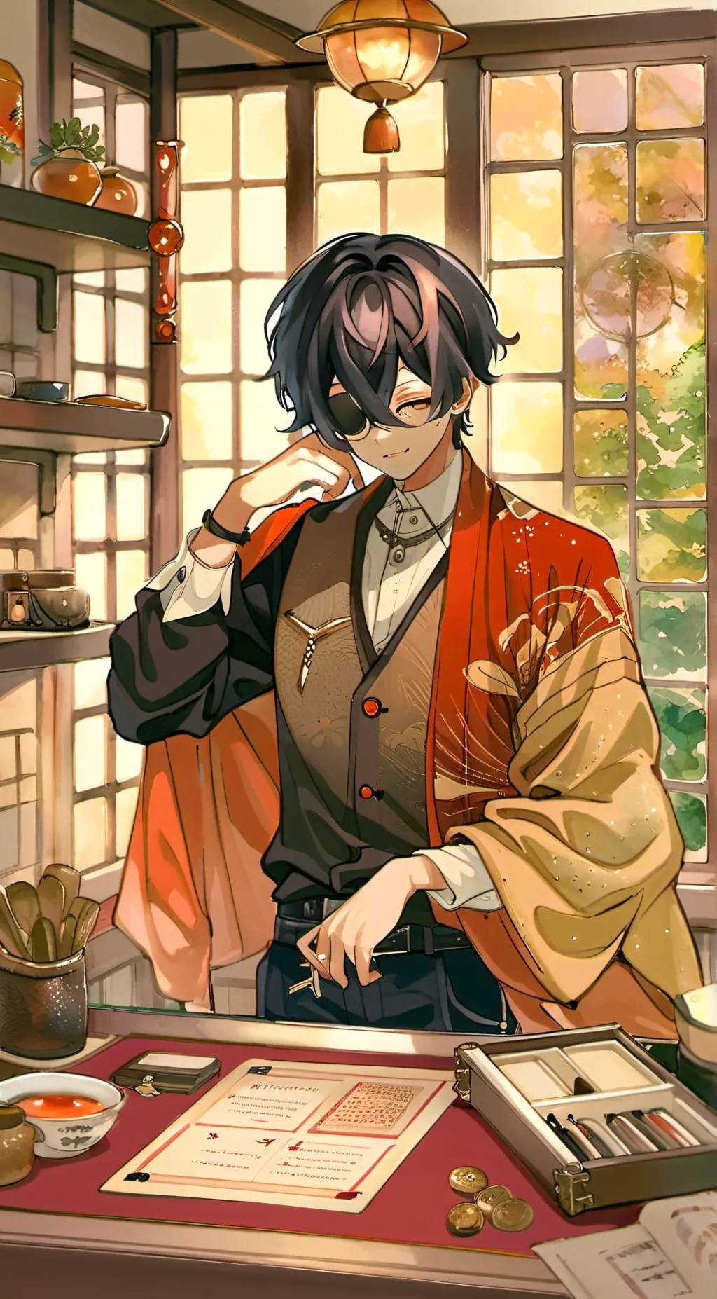 ai character: Akio Komustu  background