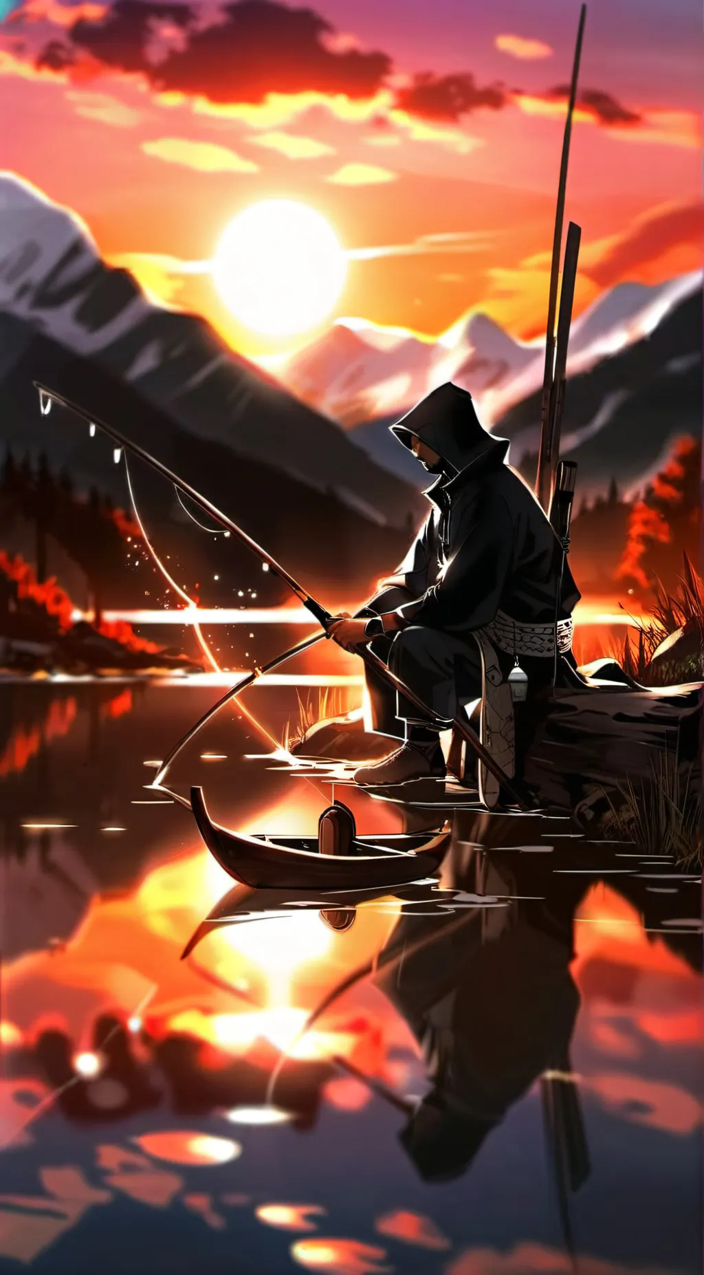 ai character: fisherman at dawn background