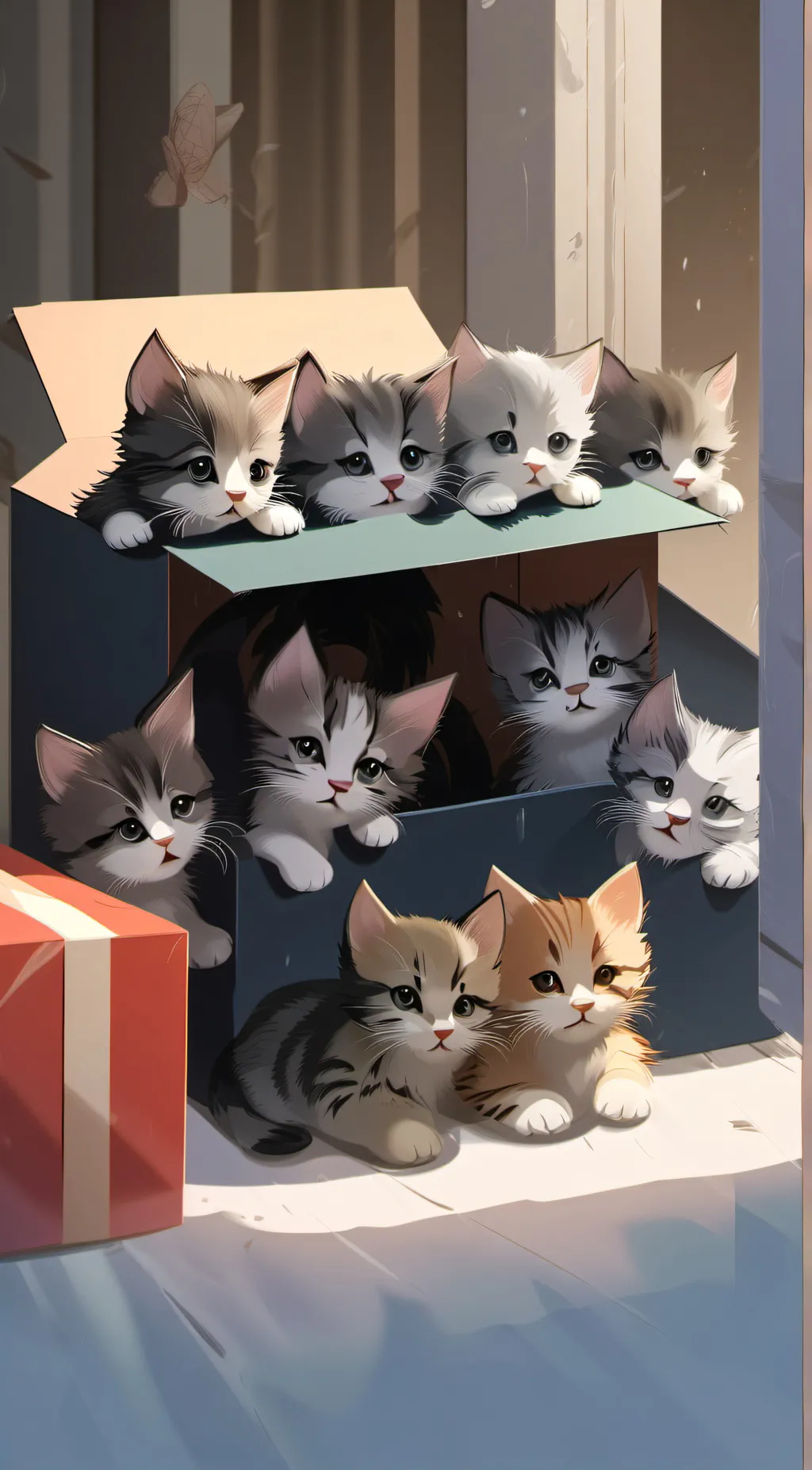 ai character: 10 kitten's in box background