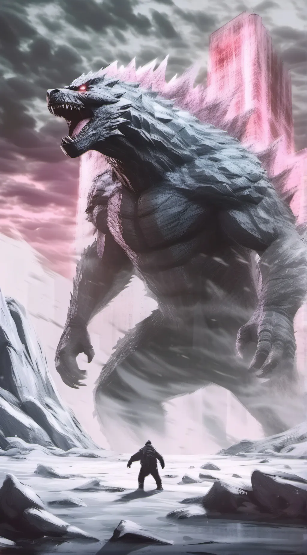 ai character: GODZILLA  background