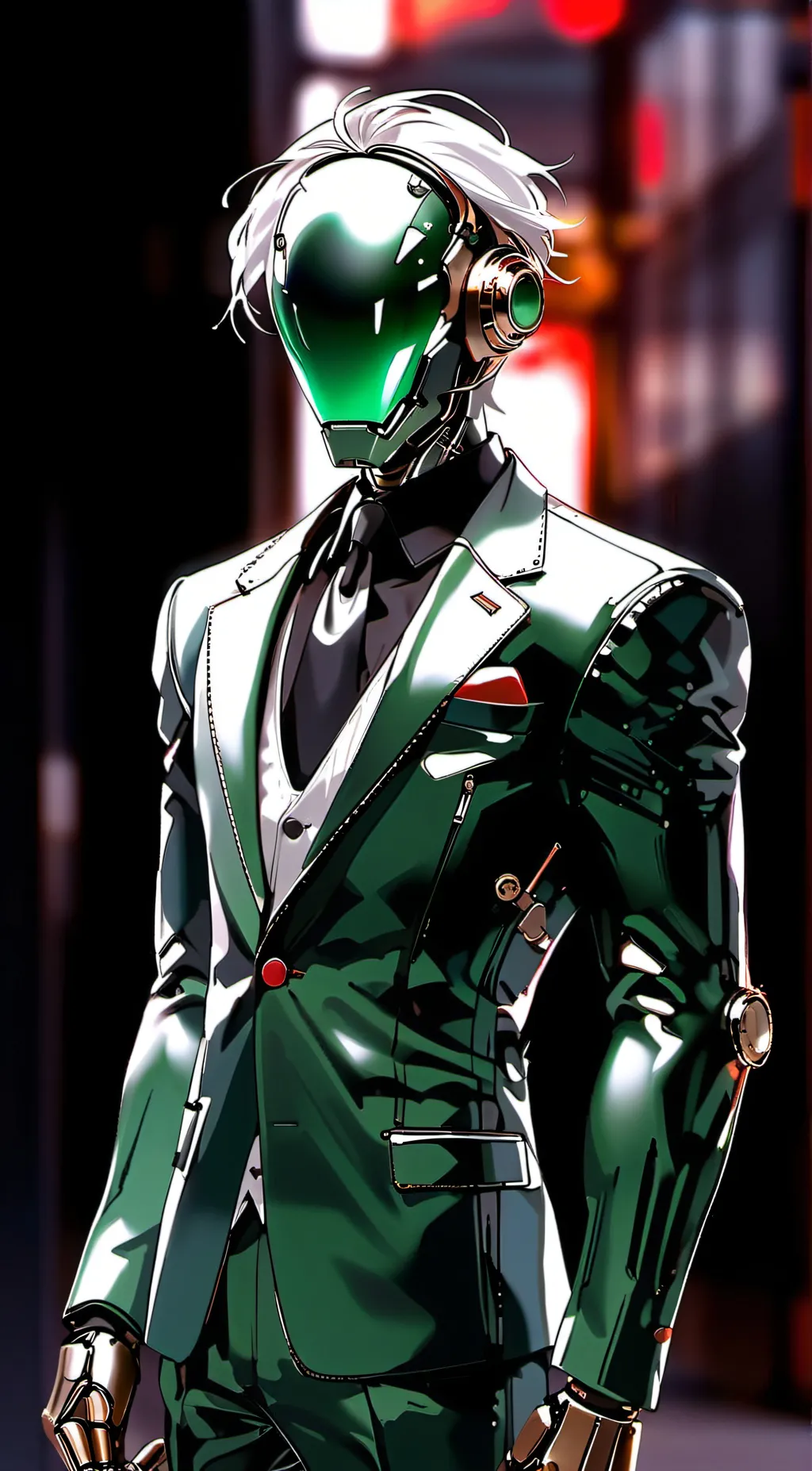 ai character: green suit camera  background