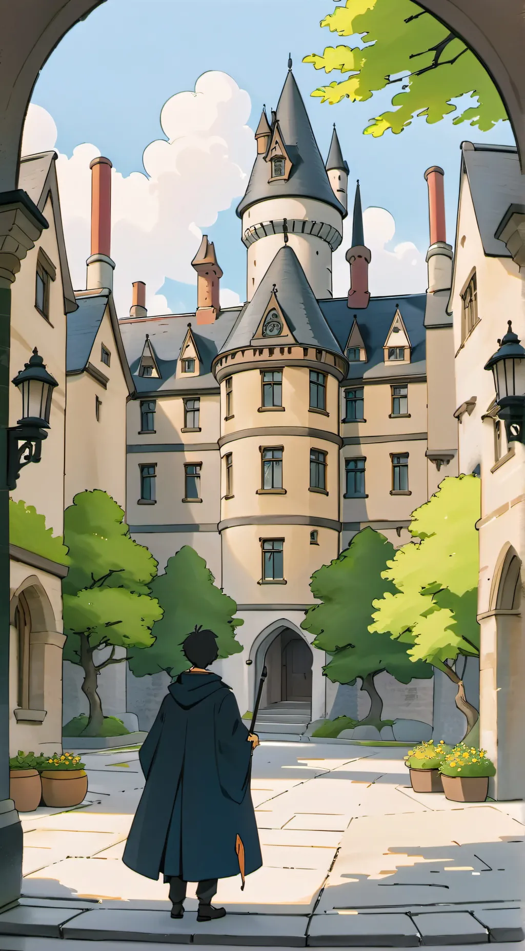 ai character: Hogwarts courtyard background