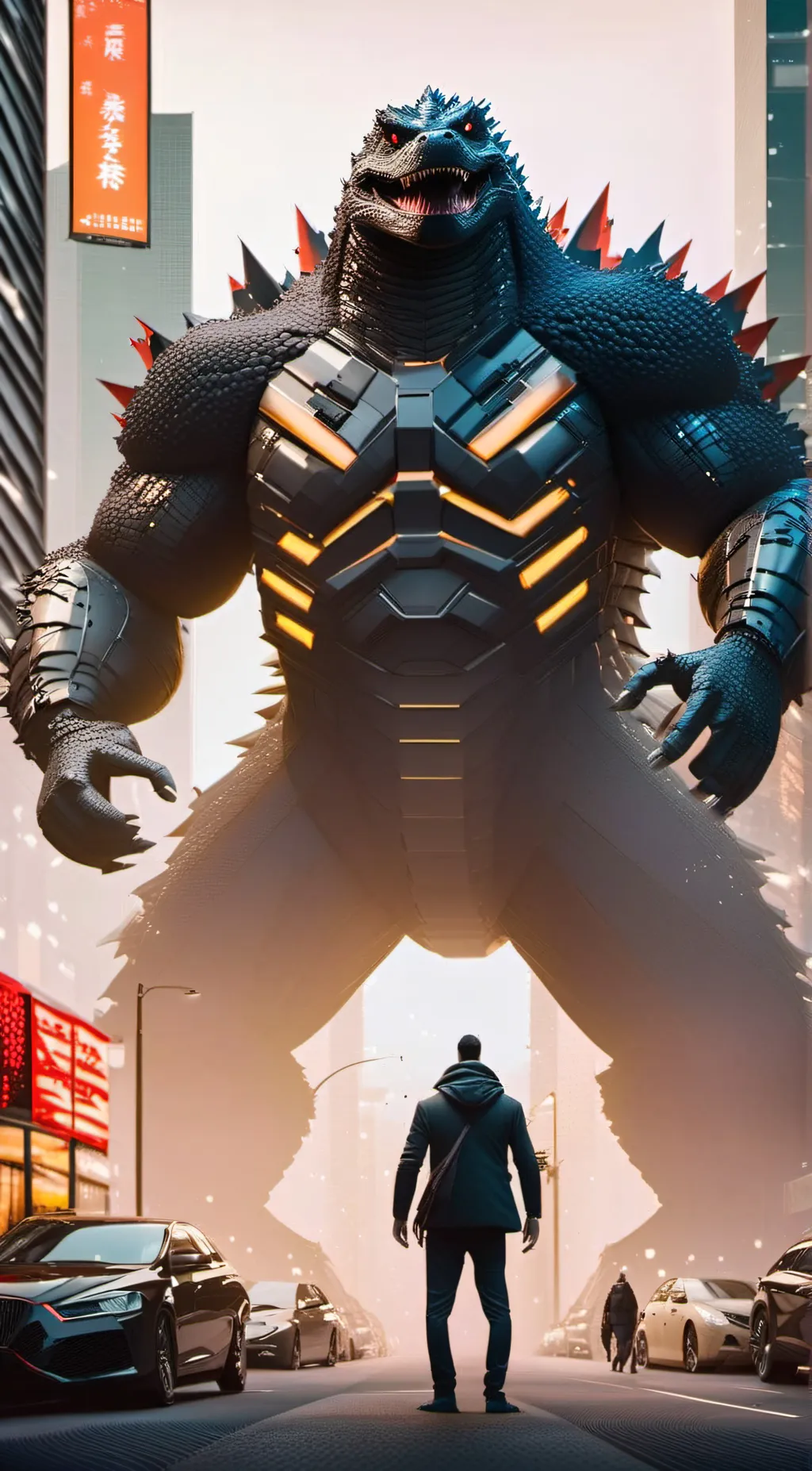 ai character: Godzilla suit background