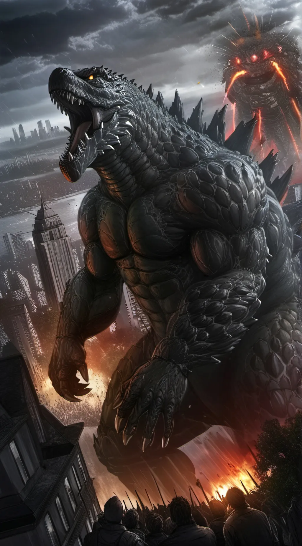 ai character: Godzilla  background