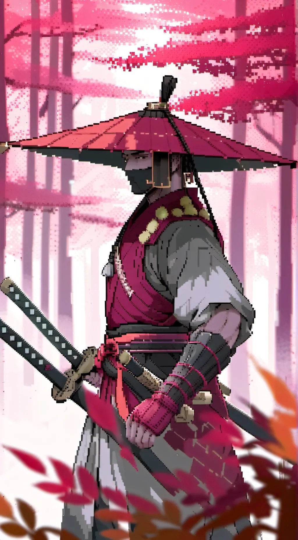 ai character: Red forest samurai background