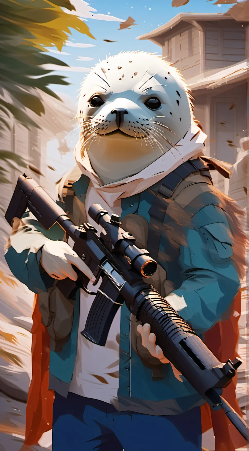 ai character: Seal with a gun background