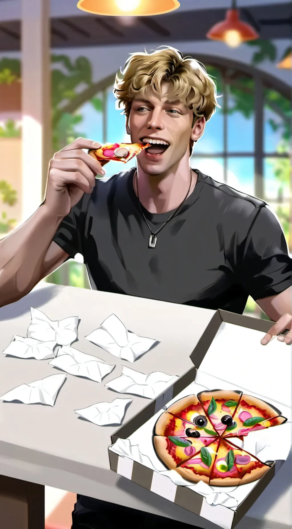 ai character: djcook eating food background
