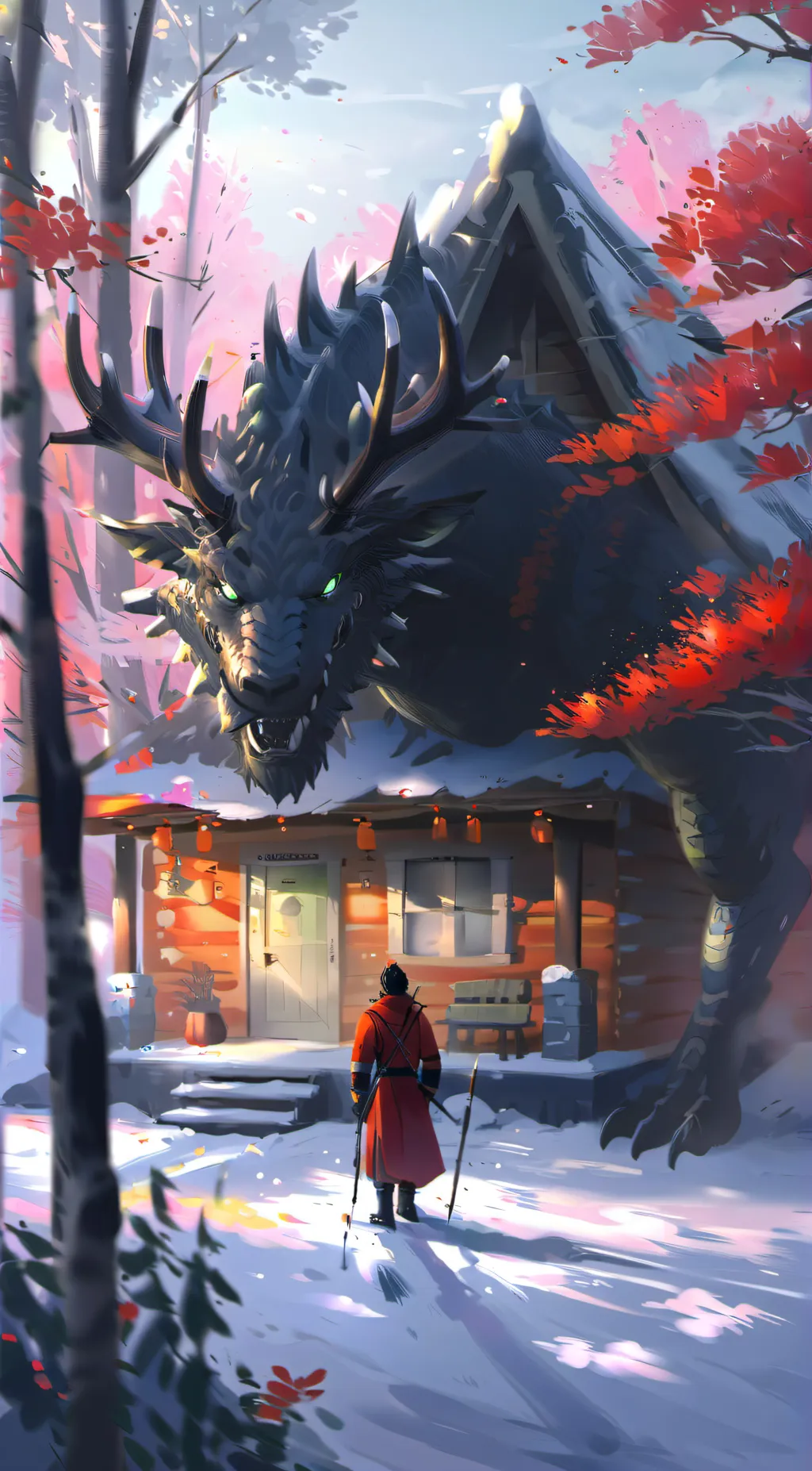 ai character: MHA andwinterCabin background