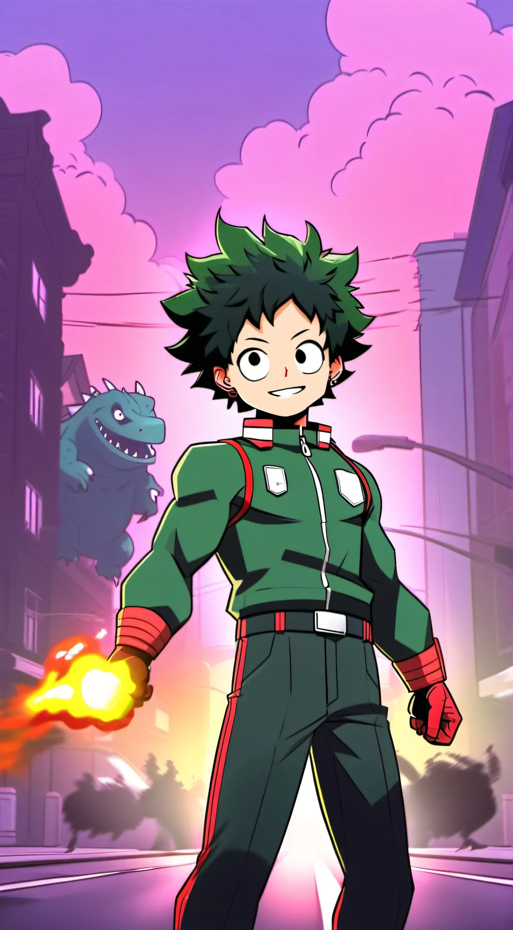 ai character: mhaX Godzilla  background