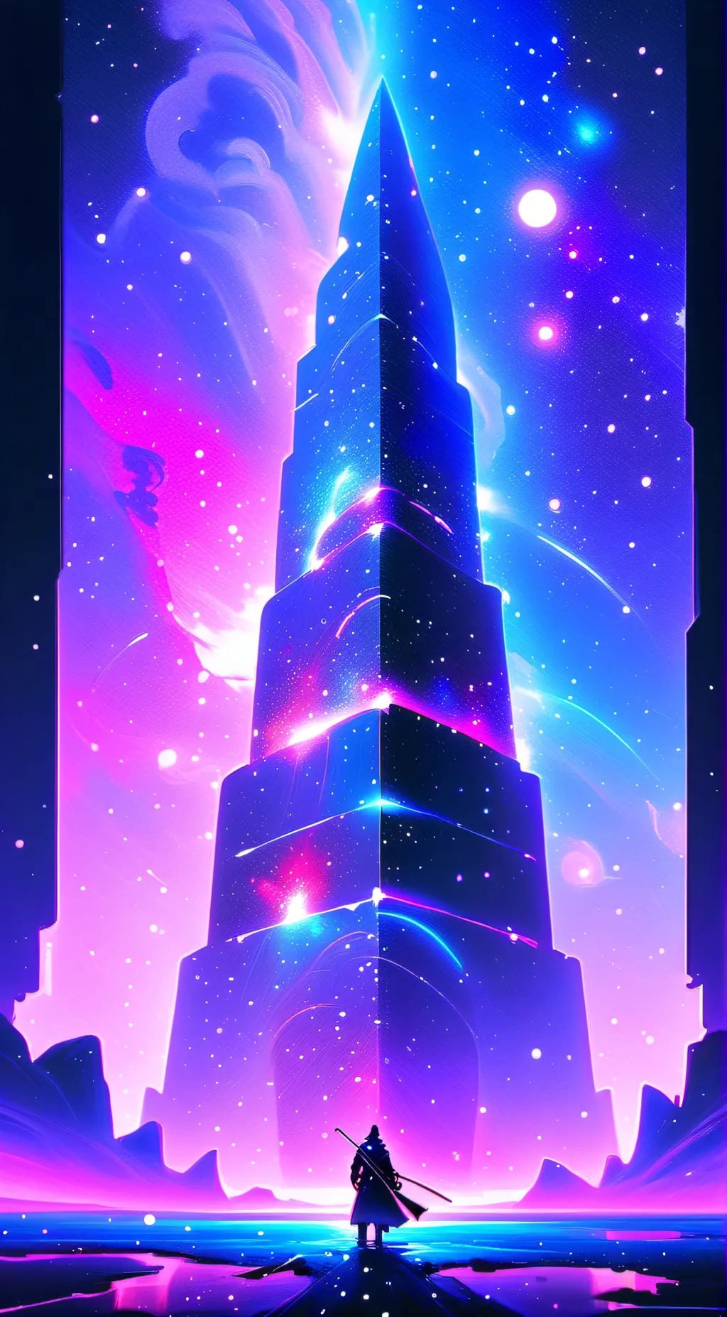 ai character: Tower of galaxy background