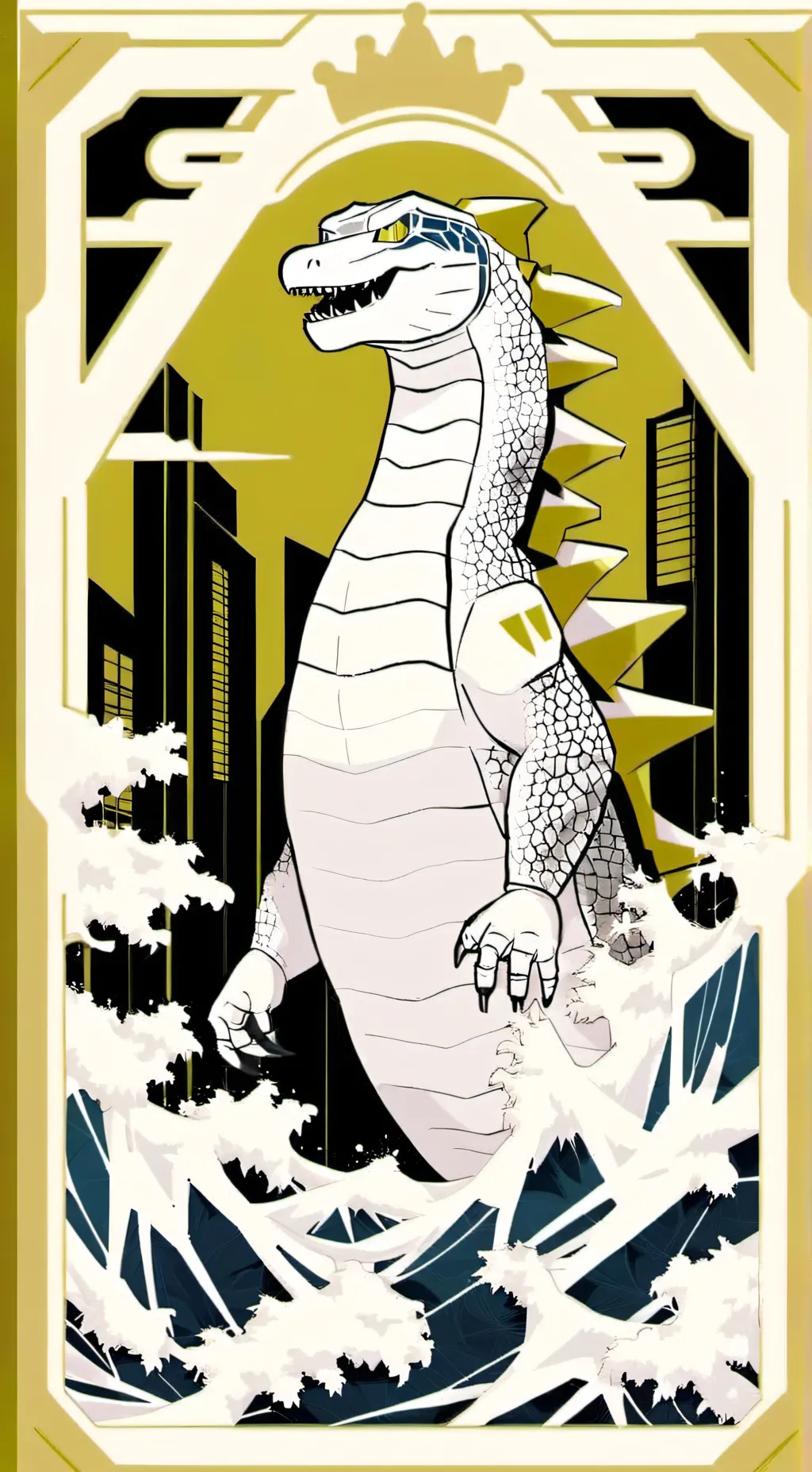 ai character: shimo x godzilla background