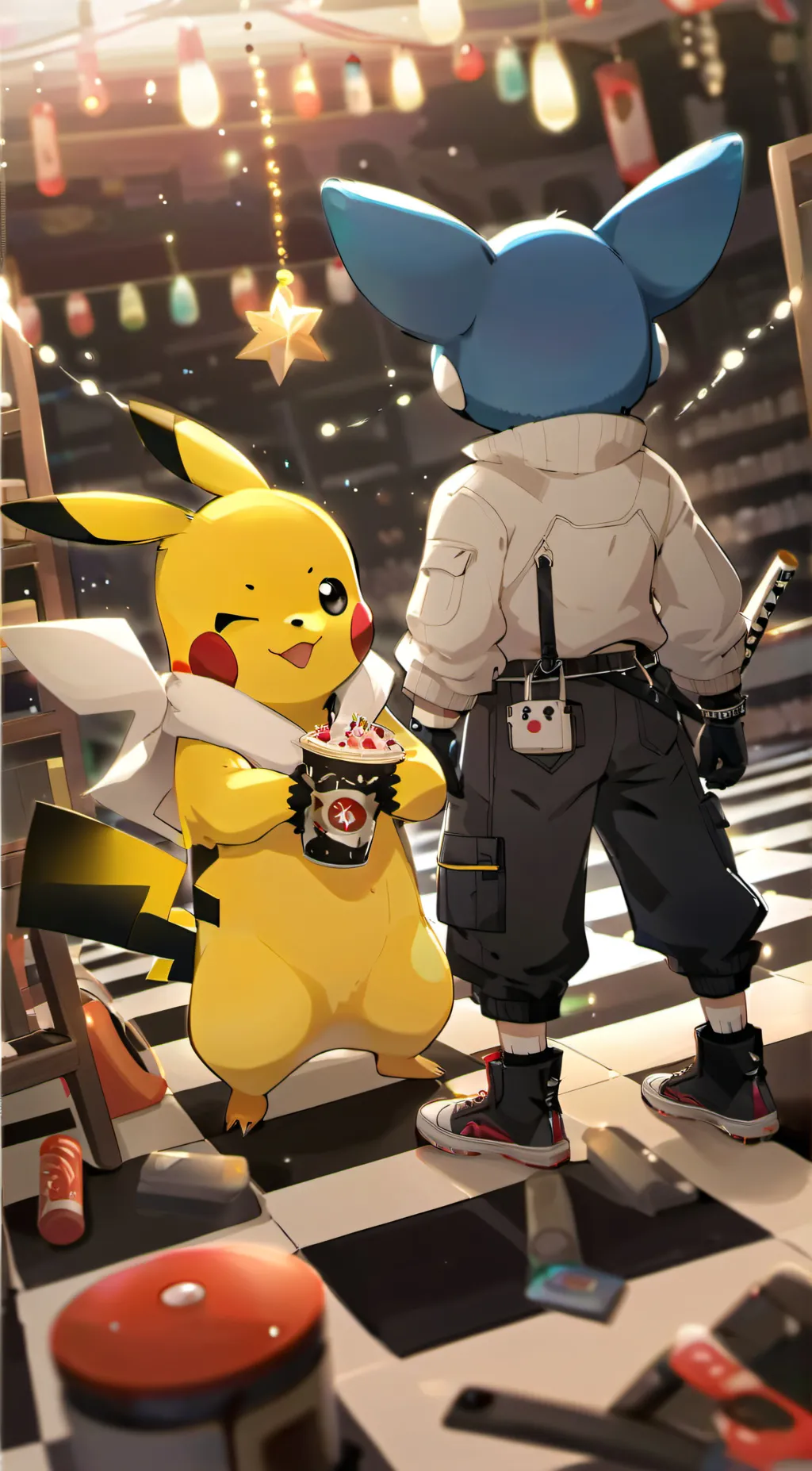 ai character: Pikachu and stitch background