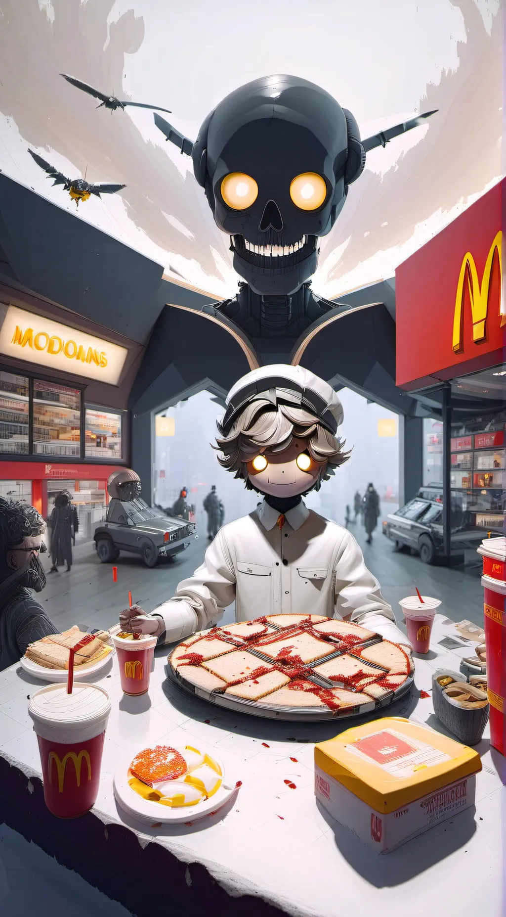 ai character: N at McDonald’s  background