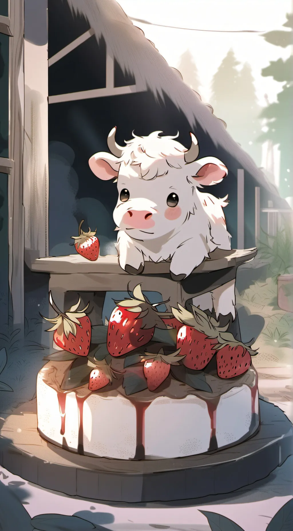 ai character: stawberry cow🍓🐄 background