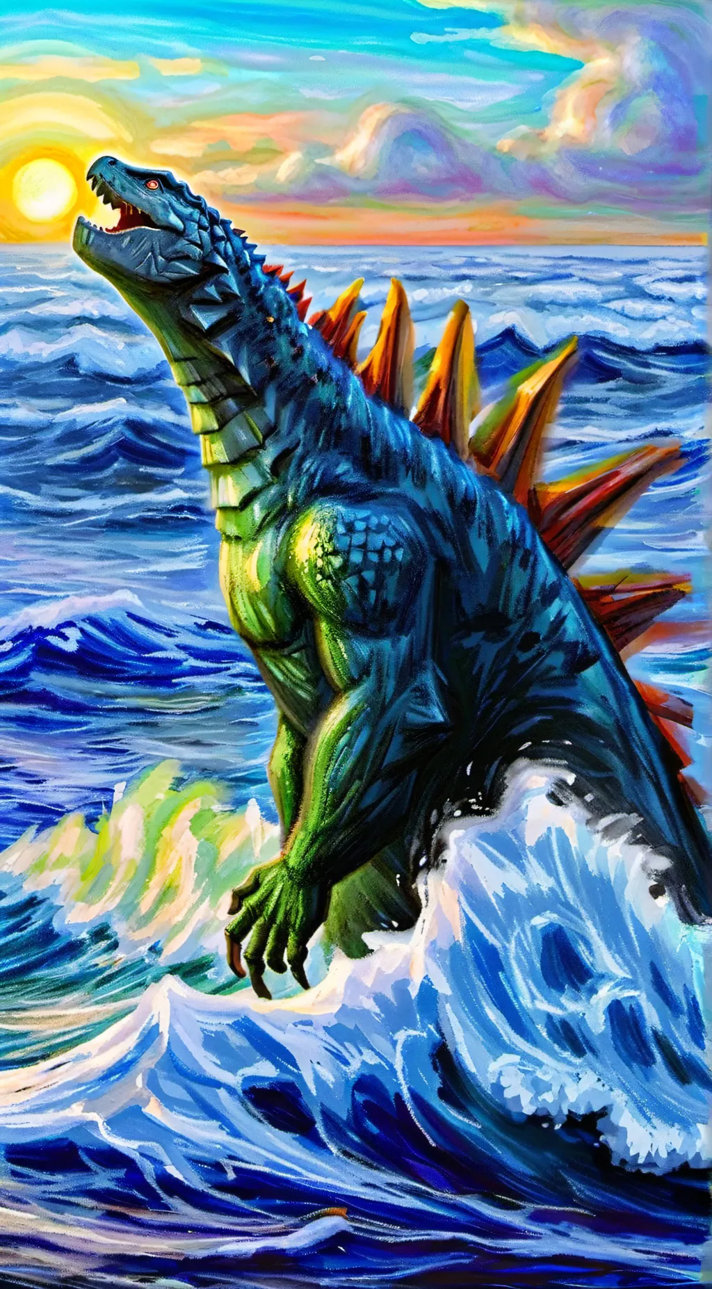 ai character: Godzilla  background
