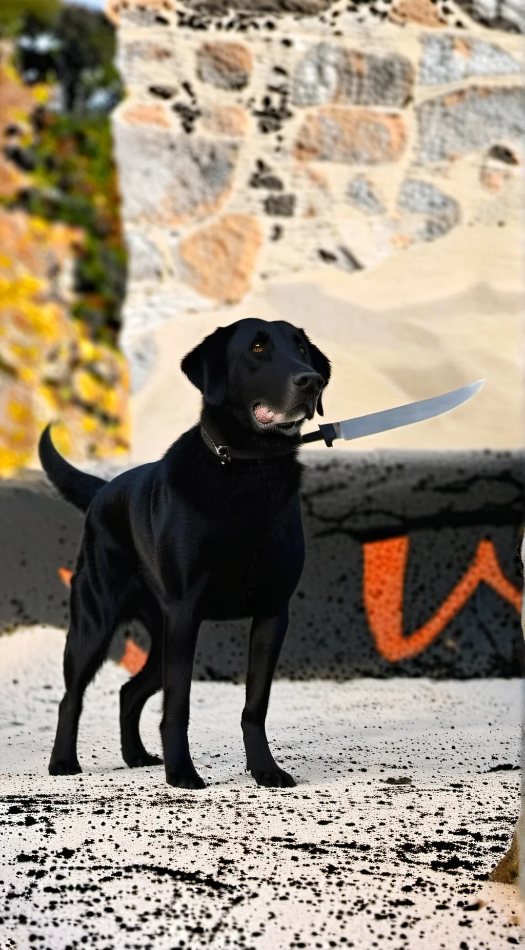 ai character: the dog has a knif background