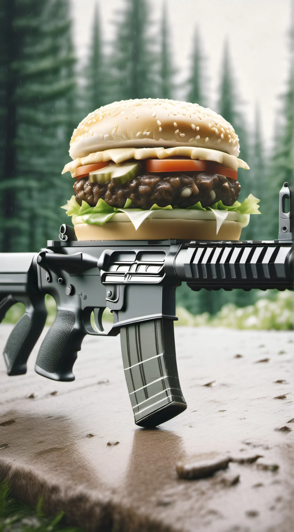 ai character: Food with a gun background