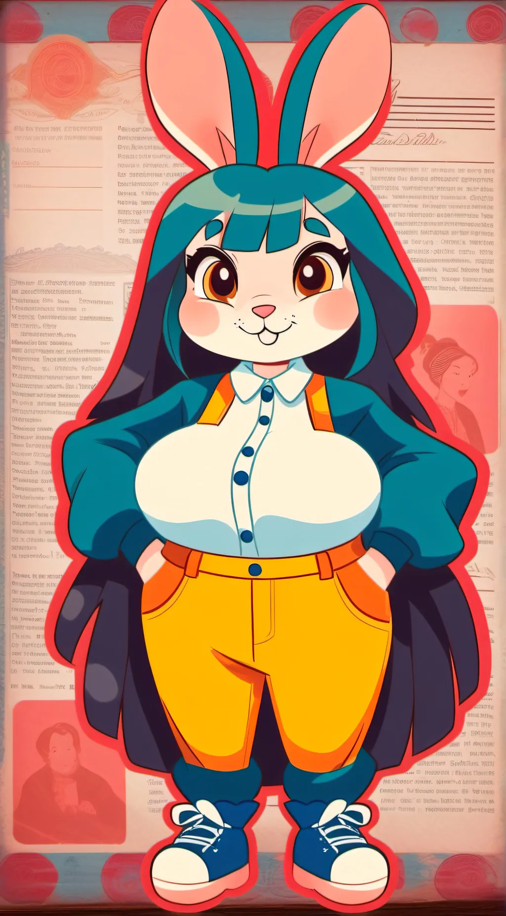 ai character: plushie #1, bunny. background