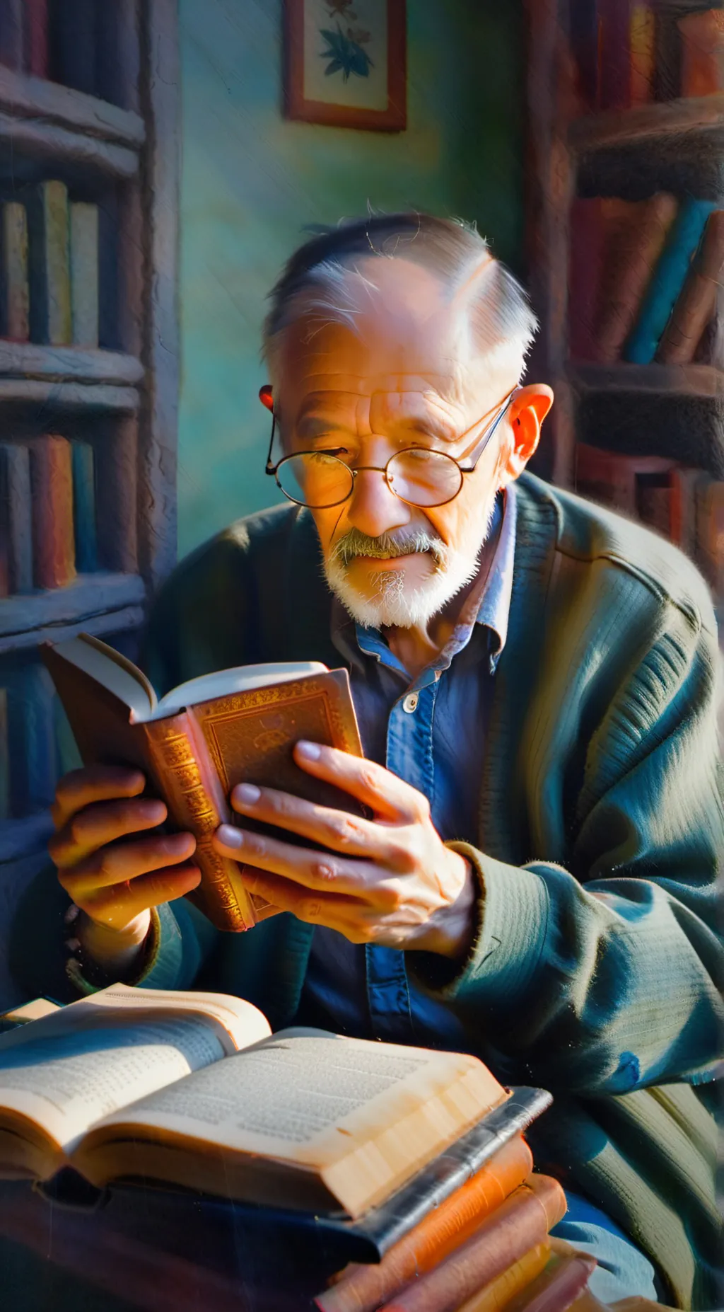 ai character: grandpa like books background