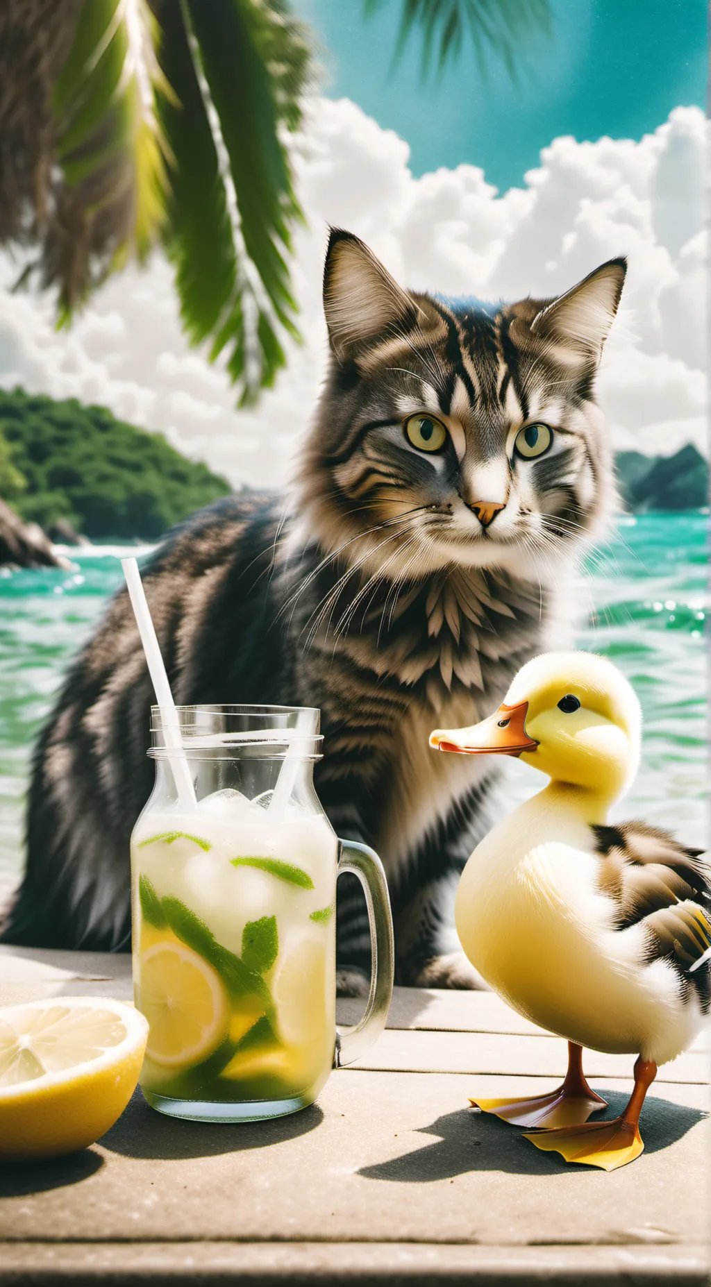 ai character: cat and duck chill background