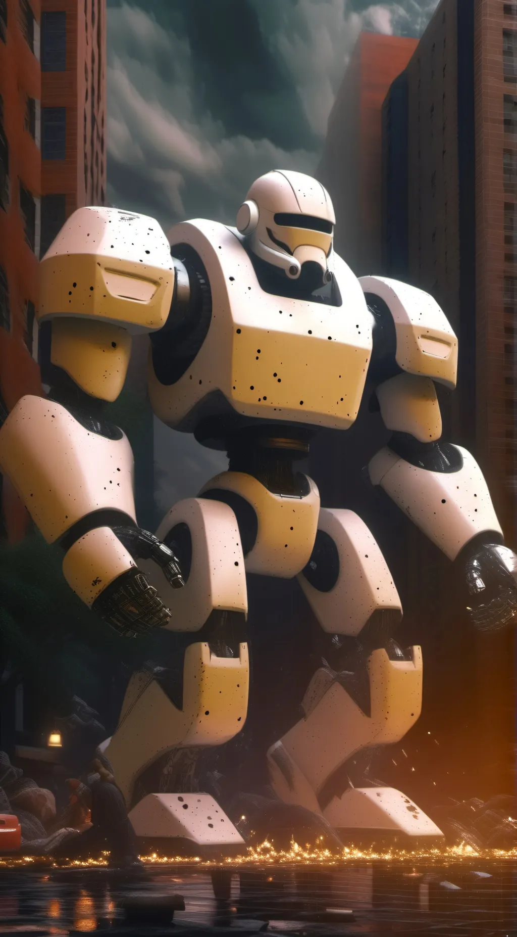 ai character: Big white robot  background