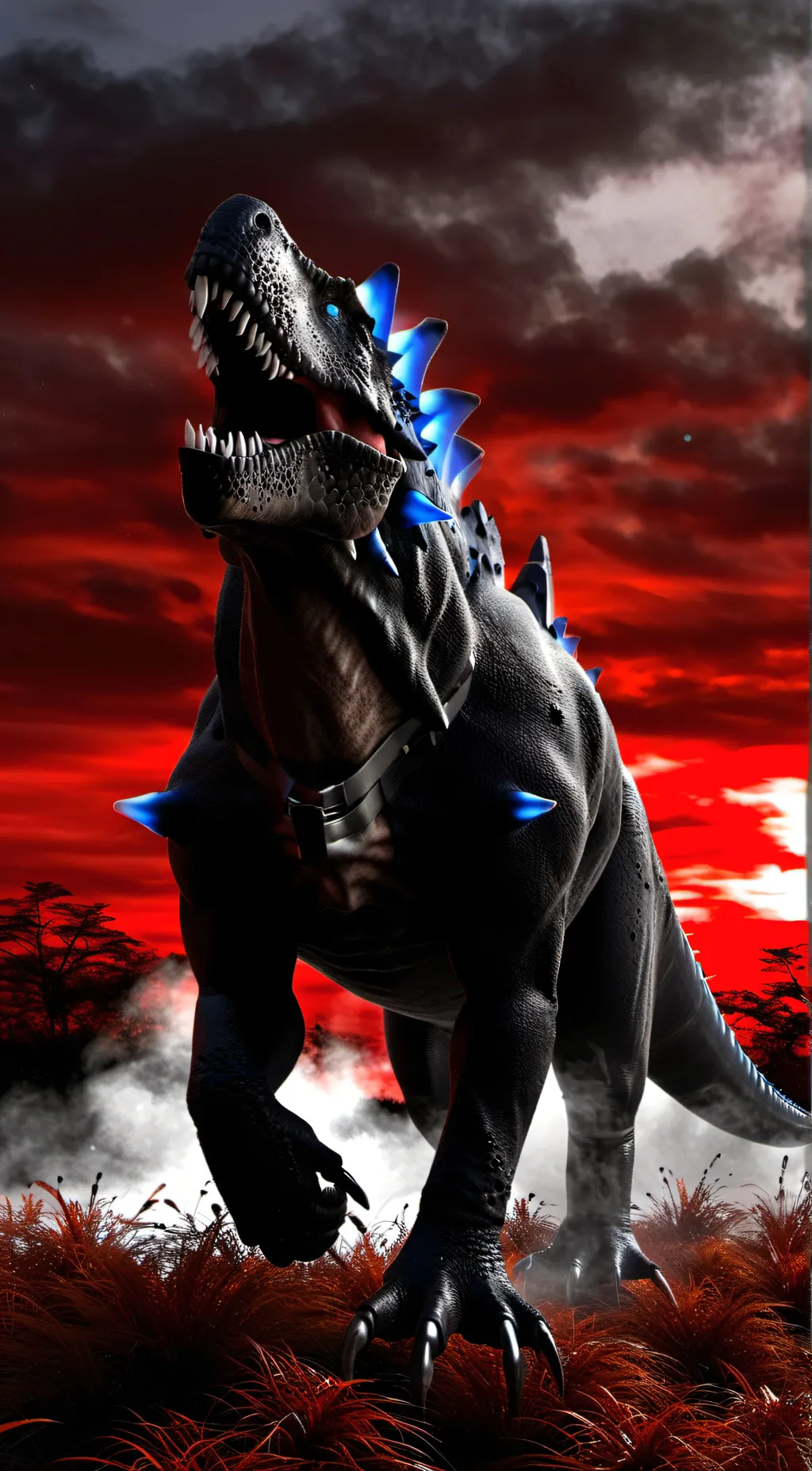 ai character: godzilla campfire background