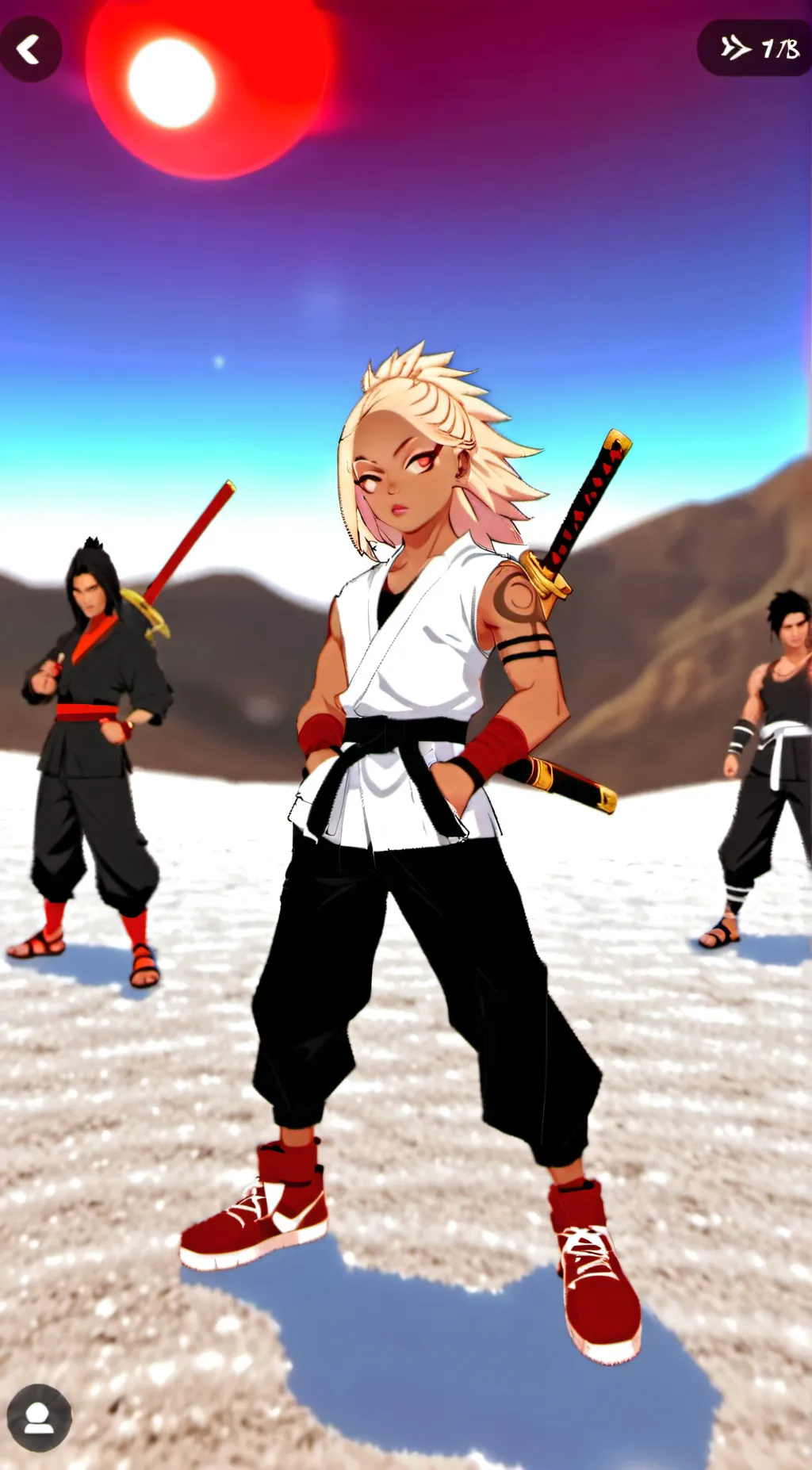 ai character: Aru   Red.  Machi background