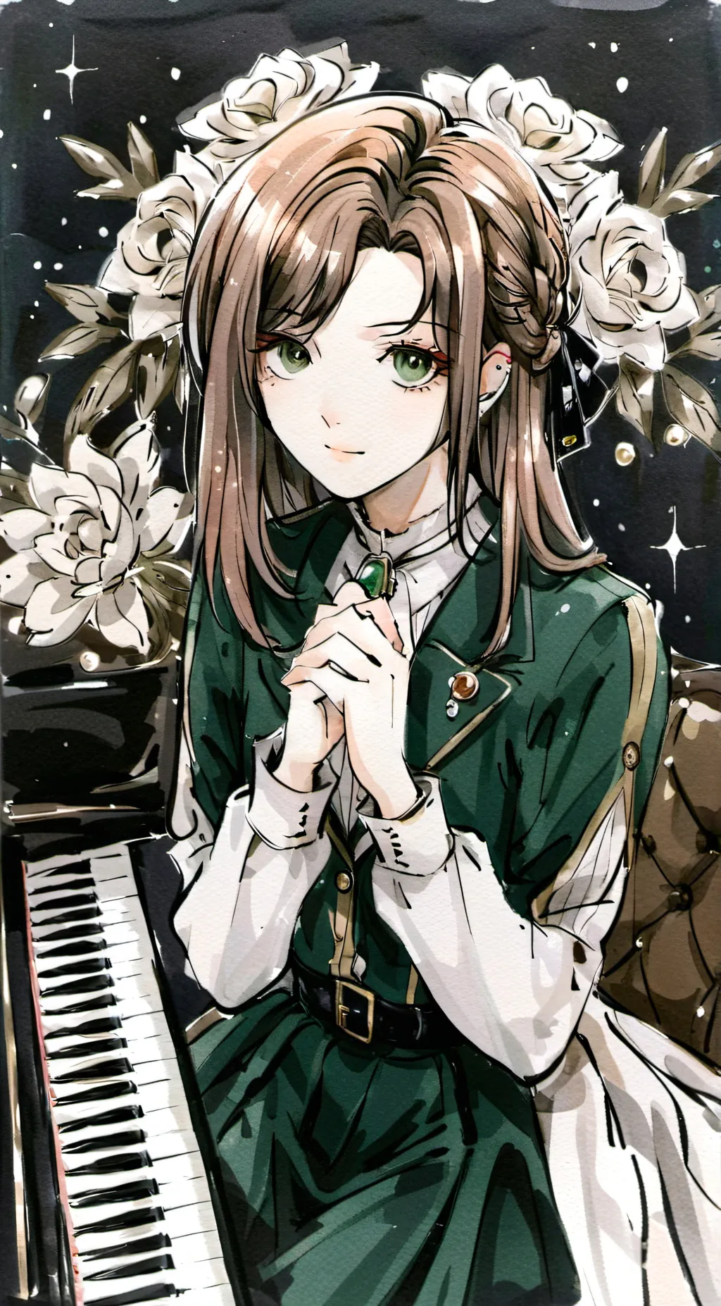 ai character: Mha and piano  background