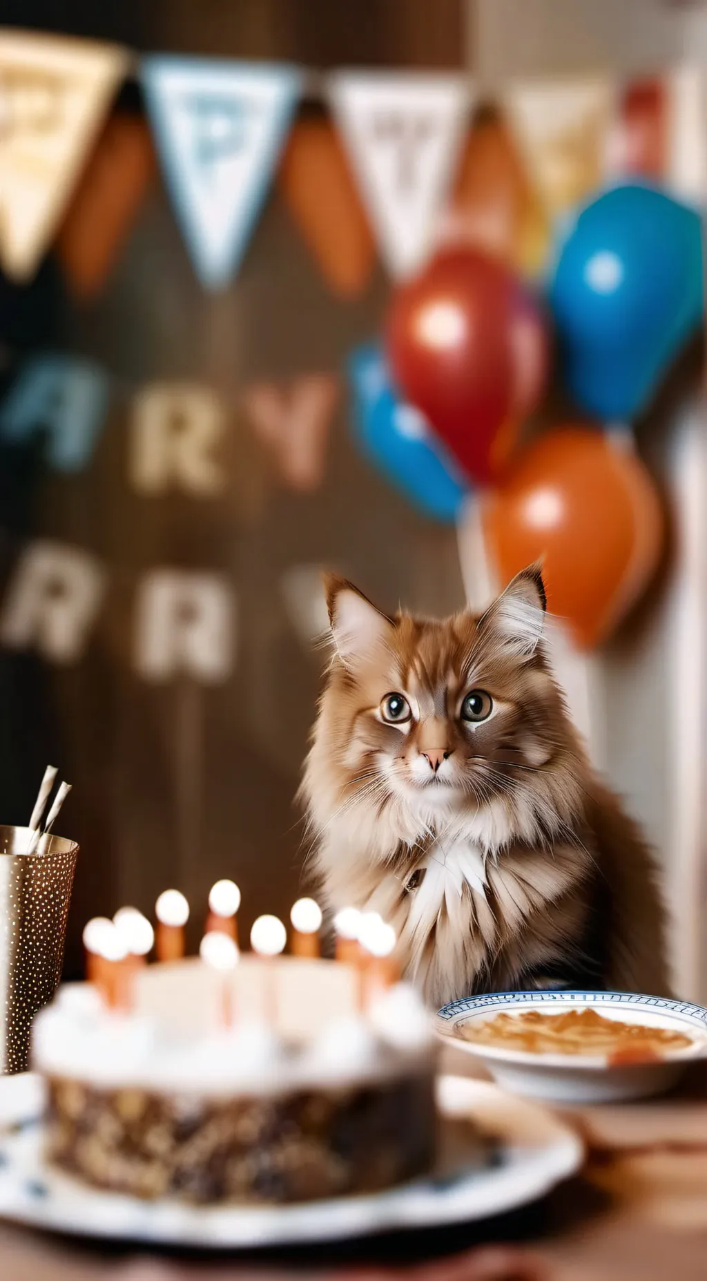ai character: Sad birthday cat background