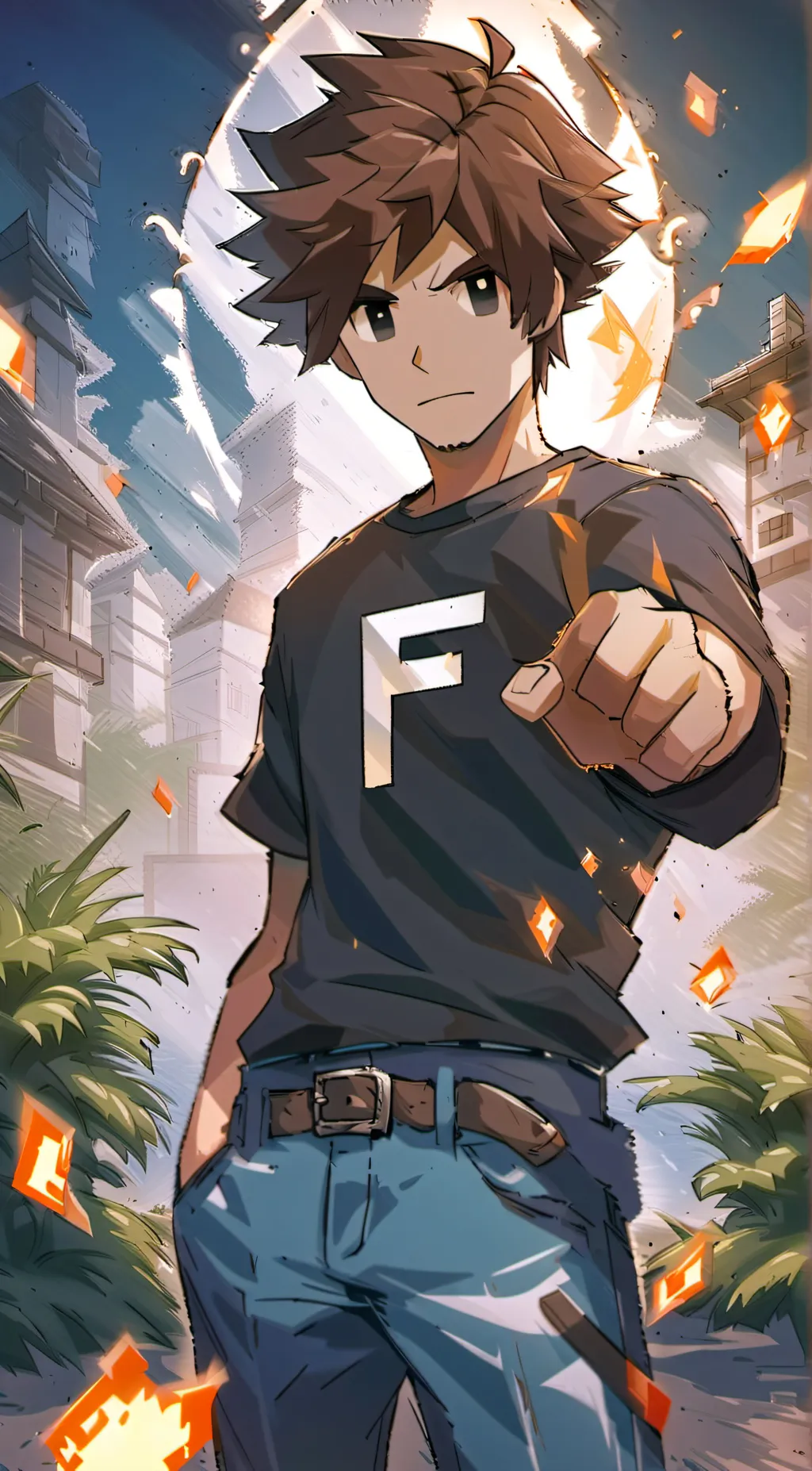 ai character: Firelight background